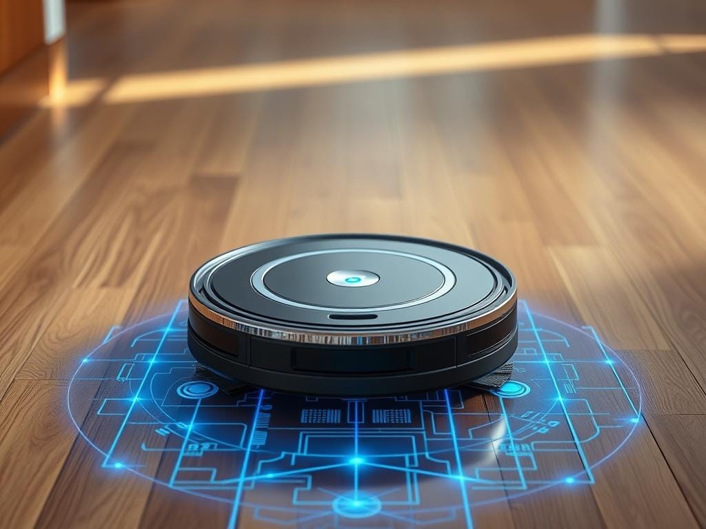 A Fizzy Offers robotic vacuum cleaner navigates an advanced floor plan, its sensors meticulously mapping the layout. Sleek chrome accents gleam under bright studio lighting, casting subtle shadows across the hardwood floor. The vacuum's sophisticated navigation system is showcased, with a grid of laser-based room mapping data overlaid in holographic blue hues. The device moves with precision, its brushes efficiently sweeping debris as it autonomously explores the space. A sense of futuristic efficiency and technological prowess permeates the scene, reflecting the advanced capabilities of this Fizzy Offers model.