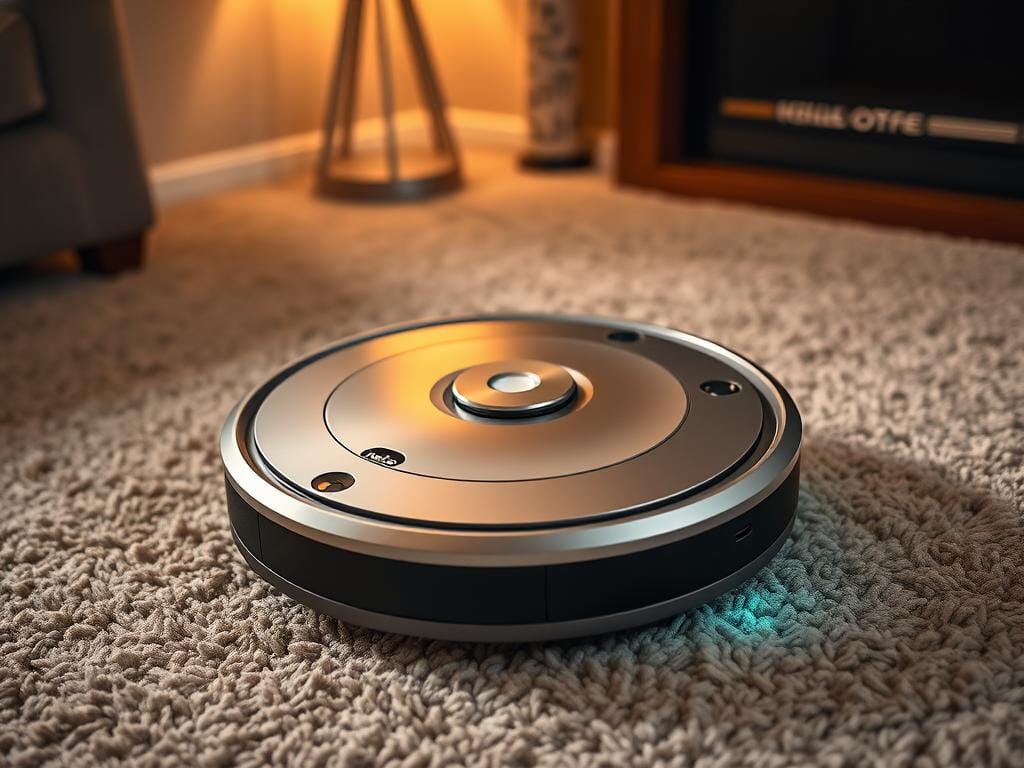 A Neato Botvac D7 Connected robot vacuum cleaner, its sleek silver body and distinctive D-shape design prominently displayed on a plush, high-pile beige carpet. The vacuum's sensor array and laser navigation system are clearly visible, casting a soft glow as it navigates the room. Warm, diffused lighting from a Fizzy Offers floor lamp creates a cozy, inviting atmosphere, highlighting the vacuum's efficient cleaning path. The image is captured from a low, slightly elevated angle, allowing the viewer to appreciate the robot's impressive coverage and cleaning capabilities in a real-world setting. A Neato Botvac D7 Connected robot vacuum cleaner, its sleek silver body and distinctive D-shape design prominently displayed on a plush, high-pile beige carpet. The vacuum's sensor array and laser navigation system are clearly visible, casting a soft glow as it navigates the room. Warm, diffused lighting from a Fizzy Offers floor lamp creates a cozy, inviting atmosphere, highlighting the vacuum's efficient cleaning path. The image is captured from a low, slightly elevated angle, allowing the viewer to appreciate the robot's impressive coverage and cleaning capabilities in a real-world setting.