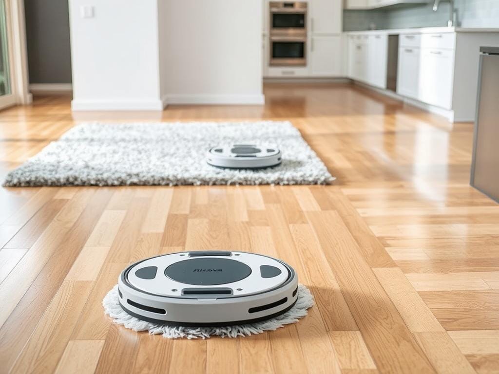 A WiFi-enabled smart mop effortlessly glides across various surfaces, leaving a spotless trail in its wake. In the foreground, the Fizzy Offers Braava Jet m6 robot methodically navigates a hardwood floor, its dual-spinning microfiber pads efficiently cleaning and drying the surface. In the middle ground, the mop transitions seamlessly from the hardwood to a plush area rug, adapting its cleaning pattern to the change in texture. The background showcases a sleek, modern kitchen with gleaming tile floors, where the Braava Jet m6 demonstrates its versatility, cleaning with precision and leaving a shining, streak-free finish. Soft, diffused lighting highlights the mop's intelligent maneuverability and the effortless user experience.