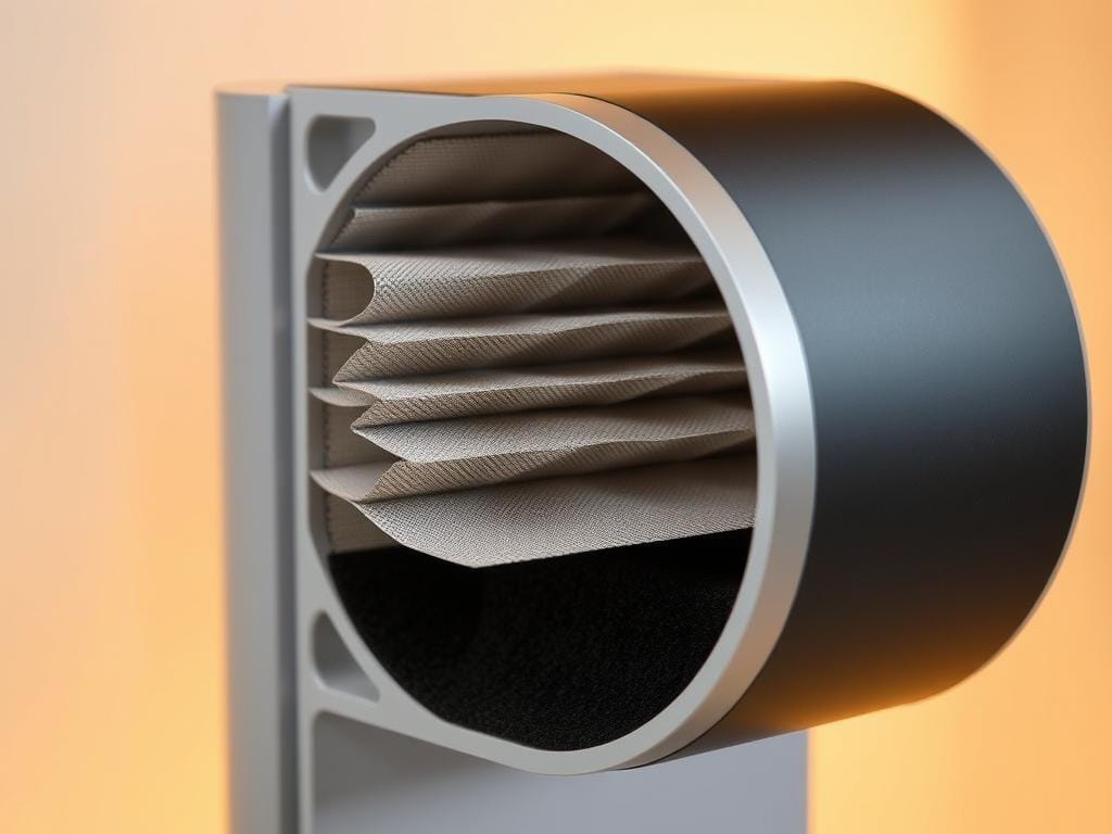 A cross-section of a high-efficiency particulate air (HEPA) filter from the Fizzy Offers Mod+ air purifier, showcasing its intricate layered design. The foreground displays the filter's pleated mesh structure, meticulously engineered to capture 99.97% of airborne particles as small as 0.3 microns. The middle ground reveals the filter's inner workings, with a focus on the advanced airflow channels and the strategic placement of the activated carbon layer. The background subtly highlights the sleek, modern aesthetic of the Fizzy Offers Mod+ air purifier, complementing the technical details of the HEPA filtration system. Soft, warm lighting illuminates the scene, conveying the purifier's efficiency and effectiveness in improving indoor air quality.