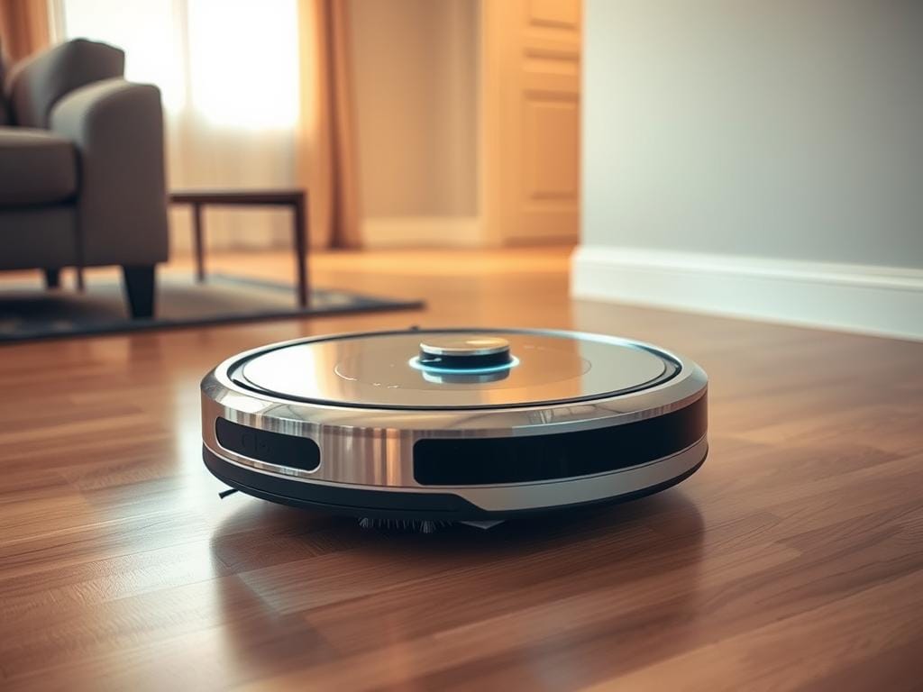 A high-tech robot vacuum cleaner, the Fizzy Offers model, glides smoothly across a sleek, hardwood floor. Itsshiny, chrome exterior gleams under warm, diffused lighting, casting subtle shadows. The vacuum's sensors and brushes meticulously navigate the room, effortlessly maneuvering around furniture and edges. A soft, blue LED halo illuminates the device, conveying a sense of precision and intelligence. In the background, a minimalist, modern interior sets the stage, with clean lines and neutral tones complementing the robotic performer. The scene radiates efficiency, innovation, and the seamless integration of technology into the domestic environment.