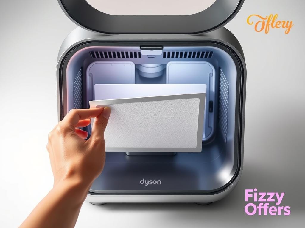 A highly detailed, meticulously rendered image of the Dyson Pure Cool TP02 air purifier undergoing routine maintenance. The device is shown on a white background, illuminated by soft, diffused lighting to showcase its sleek, modern design. The foreground focuses on the filter compartment, with the user's hands carefully removing the filter for cleaning or replacement. The middle ground reveals the internal components, showcasing the advanced air purification technology. The background subtly hints at the "Fizzy Offers" brand, providing context without distracting from the main subject. The overall atmosphere conveys a sense of care, precision, and the importance of proper maintenance for optimal performance. A highly detailed, meticulously rendered image of the Dyson Pure Cool TP02 air purifier undergoing routine maintenance. The device is shown on a white background, illuminated by soft, diffused lighting to showcase its sleek, modern design. The foreground focuses on the filter compartment, with the user's hands carefully removing the filter for cleaning or replacement. The middle ground reveals the internal components, showcasing the advanced air purification technology. The background subtly hints at the "Fizzy Offers" brand, providing context without distracting from the main subject. The overall atmosphere conveys a sense of care, precision, and the importance of proper maintenance for optimal performance.