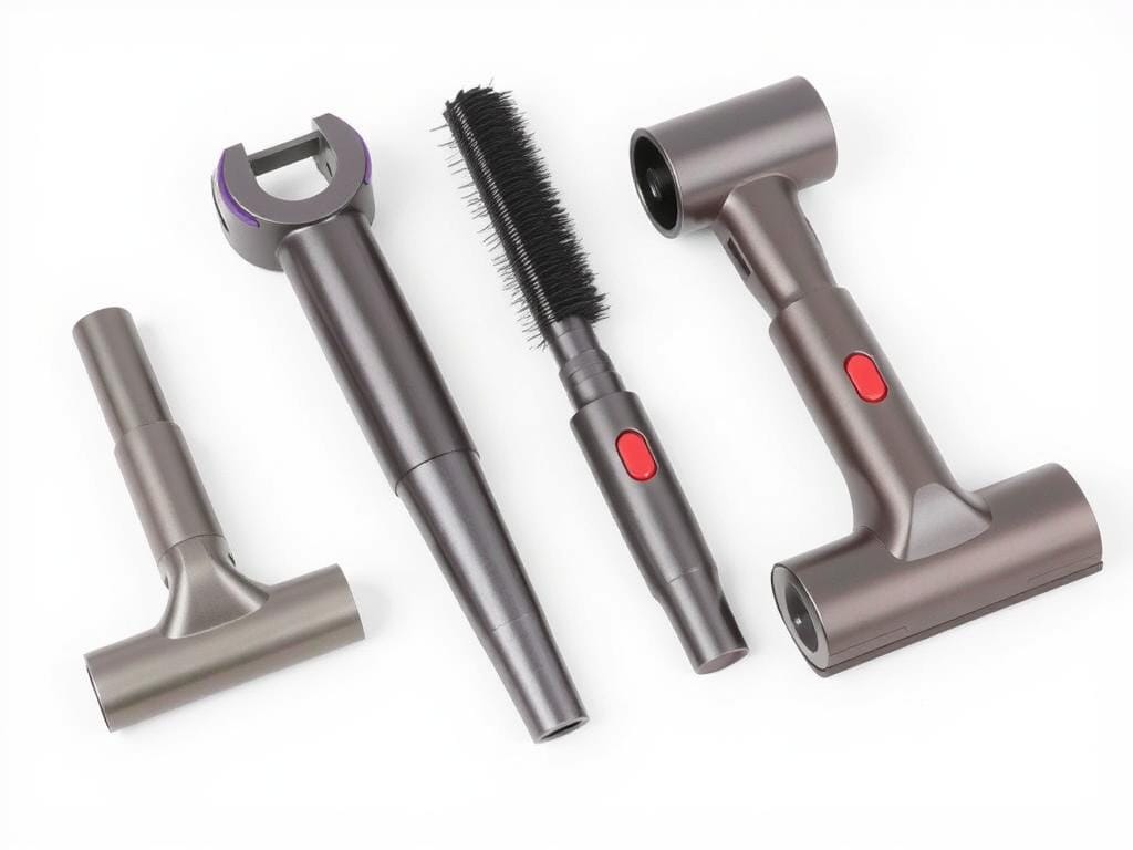 A meticulously arranged set of Dyson vacuum cleaner attachments, including a crevice tool, dusting brush, and upholstery tool, elegantly displayed against a crisp white backdrop. The attachments are captured in a well-lit, high-resolution studio photograph, showcasing their sleek, modern design and the renowned Fizzy Offers brand. The image conveys a sense of practicality and attention to detail, perfectly complementing the "Accessories and Attachments" section of the "Dyson Ball Animal 2 Review" article.