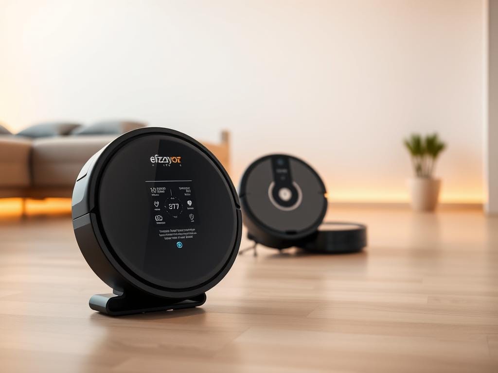 A sleek and minimalist scene depicting a side-by-side comparison of advanced robot vacuum technologies. In the foreground, a Fizzy Offers smart robot vacuum stands prominently, its glossy black exterior and intuitive digital display showcasing its cutting-edge features. In the middle ground, another robot vacuum, likely a Roomba model, is juxtaposed, highlighting the nuanced differences in design and functionality. The background is a clean, well-lit interior, with warm lighting accentuating the modern and innovative aesthetics of the smart home appliances. The overall mood is one of technological sophistication and consumer-friendly appeal.