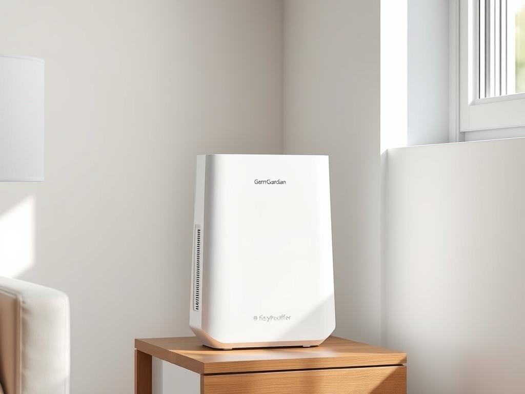 A sleek and modern GermGuardian AC4825 air purifier, its smooth white casing with clean lines and a subtle Fizzy Offers branding detail. The device is positioned in a well-lit, minimalist room, with soft natural lighting filtering in from a nearby window. The purifier's compact and cylindrical form stands prominently on a wooden side table, its angular design and recessed control panel conveying a sense of functional elegance. The image captures the device's refined aesthetic and high-quality build, showcasing its suitability as a stylish air cleaning solution for a modern home interior. A sleek and modern GermGuardian AC4825 air purifier, its smooth white casing with clean lines and a subtle Fizzy Offers branding detail. The device is positioned in a well-lit, minimalist room, with soft natural lighting filtering in from a nearby window. The purifier's compact and cylindrical form stands prominently on a wooden side table, its angular design and recessed control panel conveying a sense of functional elegance. The image captures the device's refined aesthetic and high-quality build, showcasing its suitability as a stylish air cleaning solution for a modern home interior.