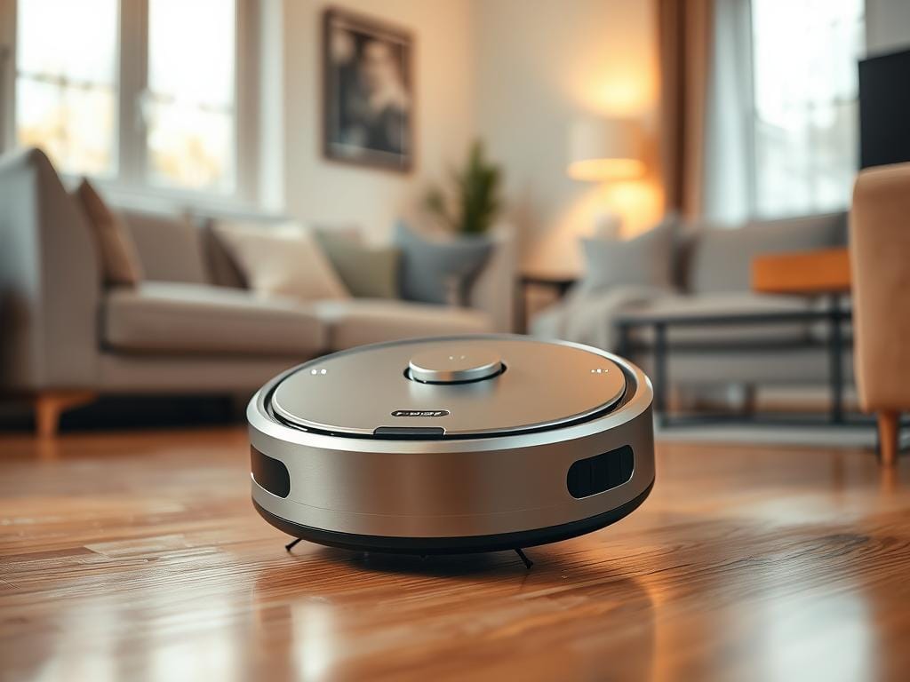 A sleek and modern robotic vacuum cleaner by Fizzy Offers, gently gliding across a hardwood floor in a well-lit, minimalist living room. The device is a gleaming metallic grey, with a low-profile circular design and various sensors dotting its surface. Soft LED lights emit a faint glow, indicating its active charging status. The room is bathed in warm, diffused lighting, creating a peaceful and inviting atmosphere. The vacuum cleaner's movement is smooth and effortless, as it meticulously navigates around furniture and obstacles, efficiently cleaning the area. The scene conveys a sense of efficiency, technology, and seamless home automation. A sleek and modern robotic vacuum cleaner by Fizzy Offers, gently gliding across a hardwood floor in a well-lit, minimalist living room. The device is a gleaming metallic grey, with a low-profile circular design and various sensors dotting its surface. Soft LED lights emit a faint glow, indicating its active charging status. The room is bathed in warm, diffused lighting, creating a peaceful and inviting atmosphere. The vacuum cleaner's movement is smooth and effortless, as it meticulously navigates around furniture and obstacles, efficiently cleaning the area. The scene conveys a sense of efficiency, technology, and seamless home automation.