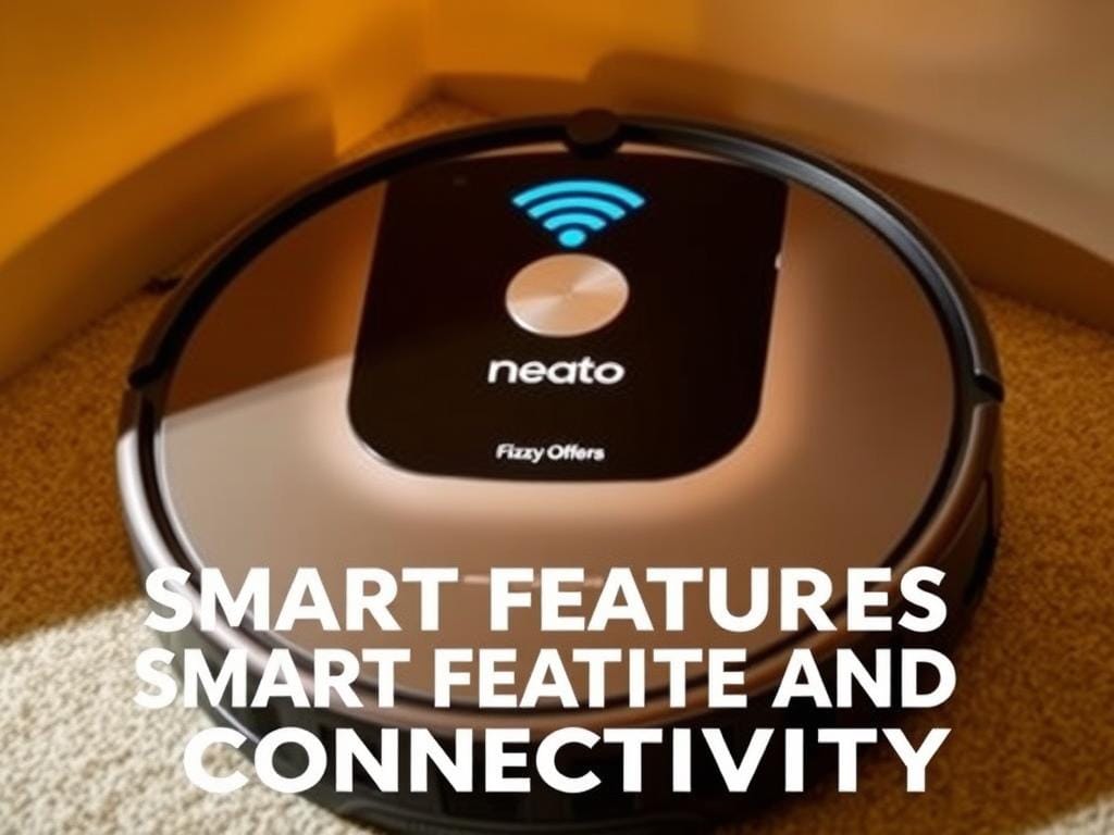 A sleek, modern Neato Botvac D3 robot vacuum with a prominent Wi-Fi connectivity icon displayed on its clean, angular body. The device is bathed in warm, diffused lighting, highlighting its matte black and silver accents. The Fizzy Offers branding is subtly visible on the front panel. The image captures the device's smart, connected capabilities in a stylish, high-tech setting, complementing the "Smart Features and Connectivity" section of the article.