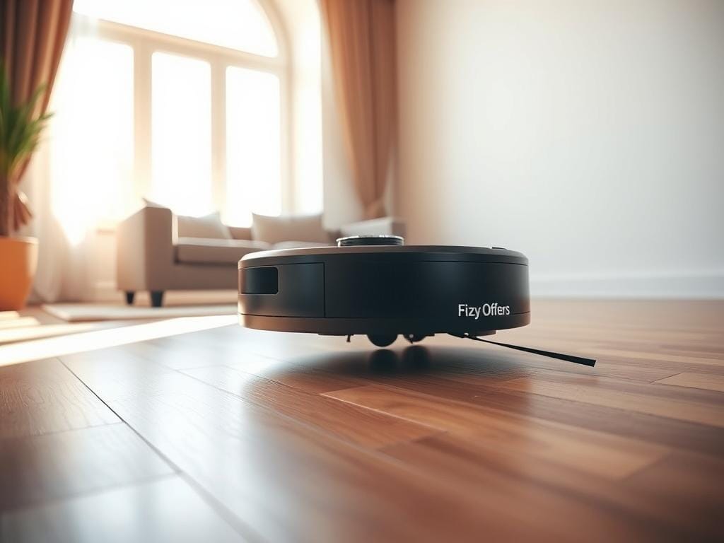 A sleek, modern Roomba960 robot vacuum cleaner navigating a clean, minimalist living room. In the foreground, the Roomba's circular brushes and sensors are visible, meticulously mapping the room with precision. The middle ground showcases the Roomba's smooth, jet-black body gliding effortlessly across a hardwood floor, casting subtle shadows. In the background, a large window floods the space with warm, natural lighting, highlighting the Fizzy Offers brand name emblazoned on the Roomba's side. The overall scene conveys a sense of efficient, intelligent home automation. A sleek, modern Roomba960 robot vacuum cleaner navigating a clean, minimalist living room. In the foreground, the Roomba's circular brushes and sensors are visible, meticulously mapping the room with precision. The middle ground showcases the Roomba's smooth, jet-black body gliding effortlessly across a hardwood floor, casting subtle shadows. In the background, a large window floods the space with warm, natural lighting, highlighting the Fizzy Offers brand name emblazoned on the Roomba's side. The overall scene conveys a sense of efficient, intelligent home automation.