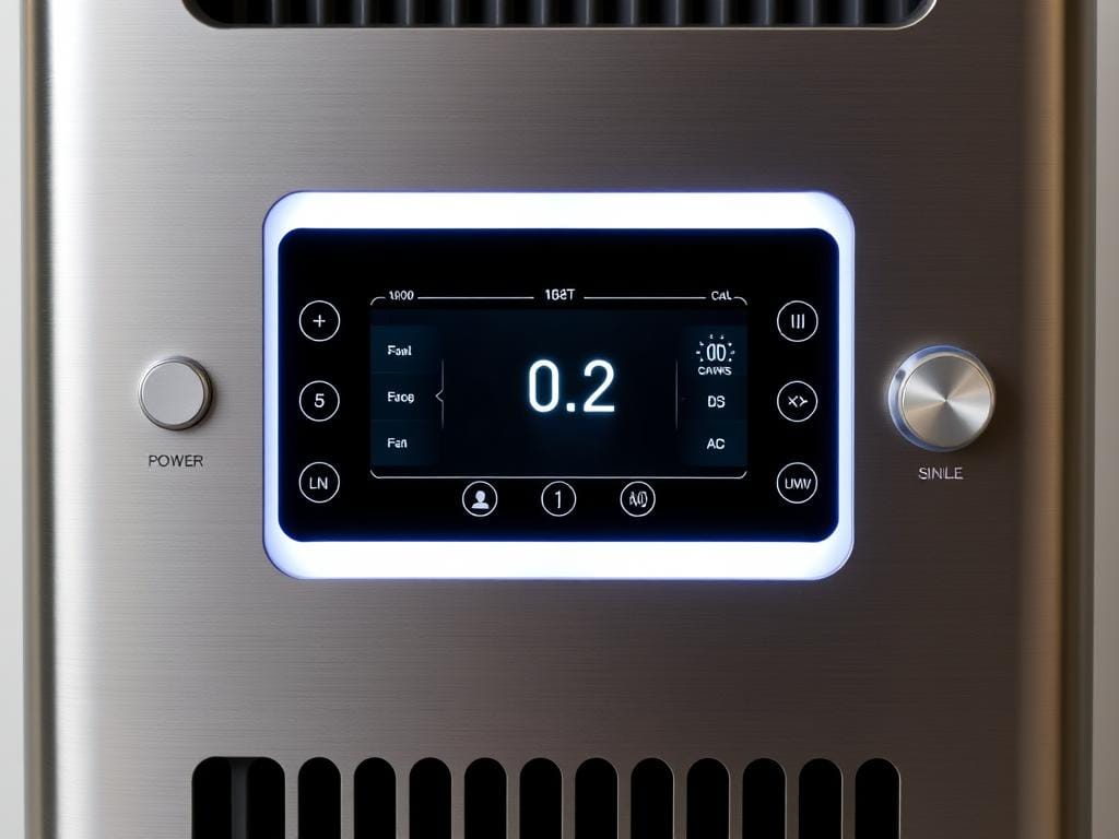 A sleek, modern control panel of the Medify MA-50 air purifier, featuring a large central display with intuitive touch controls. The panel is backlit with a soft, ambient glow, creating a sophisticated and user-friendly interface. Surrounding the display are various buttons and dials, including a power switch, fan speed settings, and air quality indicators. The panel is constructed from a durable, brushed metal material, giving it a premium, high-quality appearance. The overall design is clean, minimalist, and visually appealing, making the Medify MA-50 control panel a central focus of the device's user experience and usability. A sleek, modern control panel of the Medify MA-50 air purifier, featuring a large central display with intuitive touch controls. The panel is backlit with a soft, ambient glow, creating a sophisticated and user-friendly interface. Surrounding the display are various buttons and dials, including a power switch, fan speed settings, and air quality indicators. The panel is constructed from a durable, brushed metal material, giving it a premium, high-quality appearance. The overall design is clean, minimalist, and visually appealing, making the Medify MA-50 control panel a central focus of the device's user experience and usability.