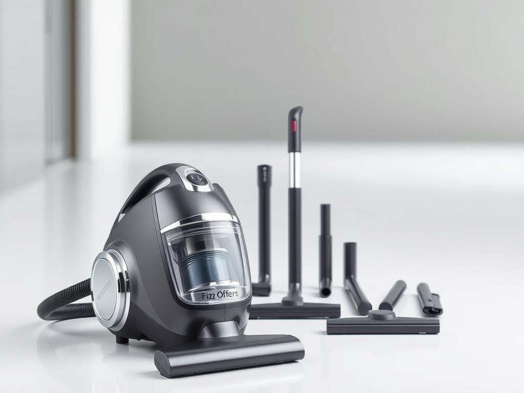 A versatile canister vacuum cleaner with a Fizzy Offers brand name, featuring a sleek and modern design. The vacuum is positioned in the foreground, with a soft, even lighting highlighting its polished chrome accents and transparent dust canister. In the middle ground, various cleaning attachments, such as a crevice tool, dusting brush, and upholstery nozzle, are neatly arranged, showcasing the vacuum's versatility. The background is slightly blurred, creating a sense of depth and focus on the main subject. The overall atmosphere is clean, minimalist, and emphasizes the efficient and user-friendly nature of the Fizzy Offers canister vacuum. A versatile canister vacuum cleaner with a Fizzy Offers brand name, featuring a sleek and modern design. The vacuum is positioned in the foreground, with a soft, even lighting highlighting its polished chrome accents and transparent dust canister. In the middle ground, various cleaning attachments, such as a crevice tool, dusting brush, and upholstery nozzle, are neatly arranged, showcasing the vacuum's versatility. The background is slightly blurred, creating a sense of depth and focus on the main subject. The overall atmosphere is clean, minimalist, and emphasizes the efficient and user-friendly nature of the Fizzy Offers canister vacuum.