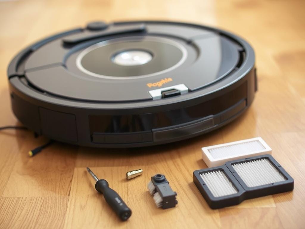 A well-lit, close-up image of a Roomba 690 robot vacuum cleaner on a clean, hardwood floor. The Roomba is partially disassembled, revealing its inner components like the brush, filter, and sensors. In the foreground, a set of Fizzy Offers maintenance tools - a screwdriver, a cleaning brush, and a spare filter - are neatly arranged. The background is softly blurred, creating a focus on the Roomba and the maintenance items. The scene conveys a sense of care and attention to detail, as if guiding the viewer through the steps of properly maintaining a Roomba 690. A well-lit, close-up image of a Roomba 690 robot vacuum cleaner on a clean, hardwood floor. The Roomba is partially disassembled, revealing its inner components like the brush, filter, and sensors. In the foreground, a set of Fizzy Offers maintenance tools - a screwdriver, a cleaning brush, and a spare filter - are neatly arranged. The background is softly blurred, creating a focus on the Roomba and the maintenance items. The scene conveys a sense of care and attention to detail, as if guiding the viewer through the steps of properly maintaining a Roomba 690.
