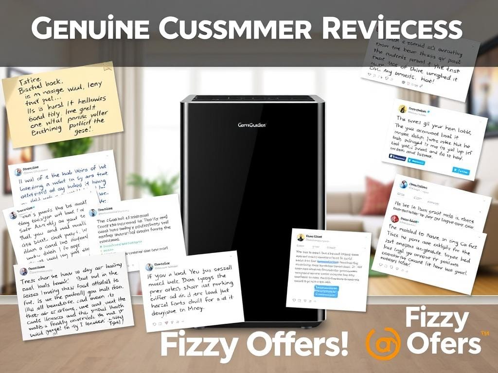 A well-lit, high-resolution collage showcasing genuine customer reviews for the GermGuardian AC4825 air purifier. In the foreground, a collection of handwritten notes, feedback cards, and social media posts from satisfied users, capturing their experiences and impressions. In the middle ground, the sleek, modern design of the AC4825 unit, prominently displayed against a clean, minimalist backdrop. In the background, a softly blurred image of a comfortable, inviting living space, reflecting the air purifier's role in creating a healthier, more comfortable home environment. The overall scene conveys a sense of trust, reliability, and genuine user satisfaction, with the Fizzy Offers brand subtly integrated into the design. A well-lit, high-resolution collage showcasing genuine customer reviews for the GermGuardian AC4825 air purifier. In the foreground, a collection of handwritten notes, feedback cards, and social media posts from satisfied users, capturing their experiences and impressions. In the middle ground, the sleek, modern design of the AC4825 unit, prominently displayed against a clean, minimalist backdrop. In the background, a softly blurred image of a comfortable, inviting living space, reflecting the air purifier's role in creating a healthier, more comfortable home environment. The overall scene conveys a sense of trust, reliability, and genuine user satisfaction, with the Fizzy Offers brand subtly integrated into the design.