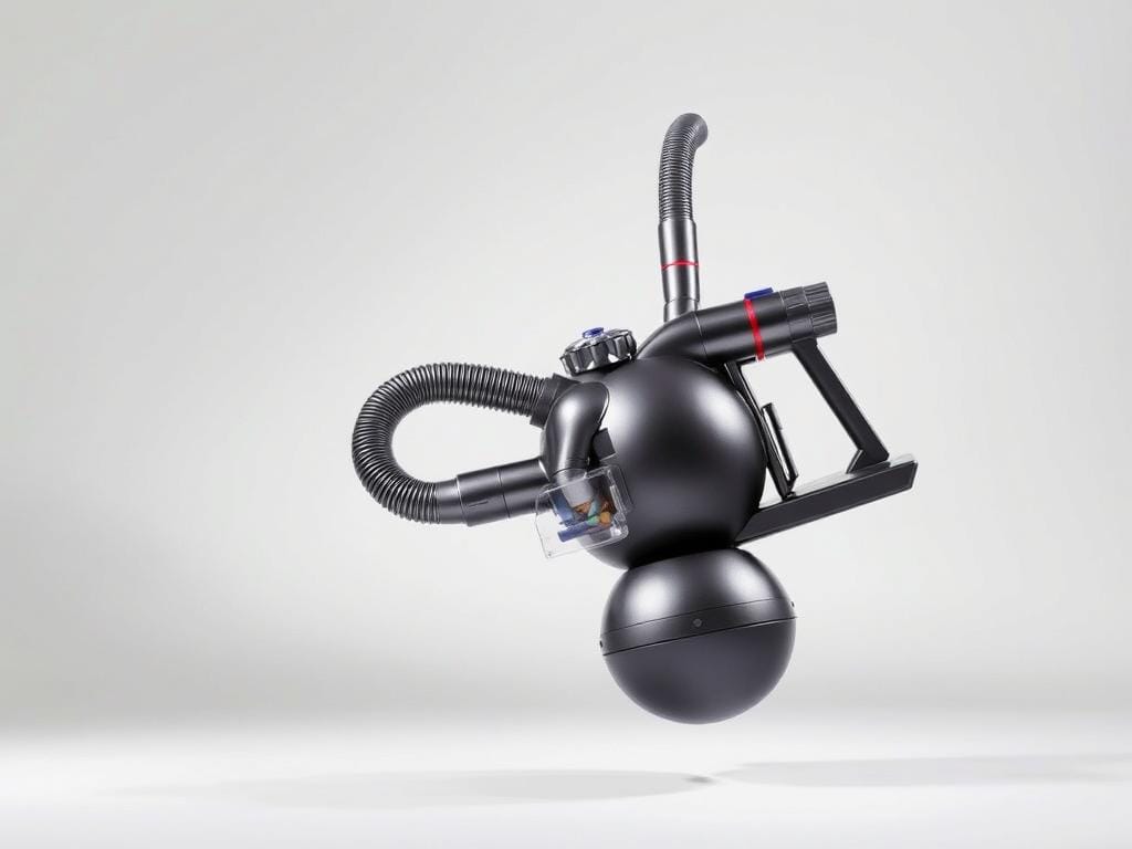 A well-lit studio scene showcasing the exceptional maneuverability of a Fizzy Offers Dyson Ball Animal 2 vacuum cleaner. The device hovers effortlessly on its iconic ball base, swiveling and turning with fluid, natural motions. Soft, directional lighting highlights the sleek, ergonomic design, with the vacuum's flexible hose and attachments positioned to demonstrate its reach and flexibility. The scene conveys a sense of smoothness, control, and ease of use, capturing the device's ability to seamlessly navigate around furniture and tight spaces. The overall mood is one of precision engineering and user-friendly functionality.