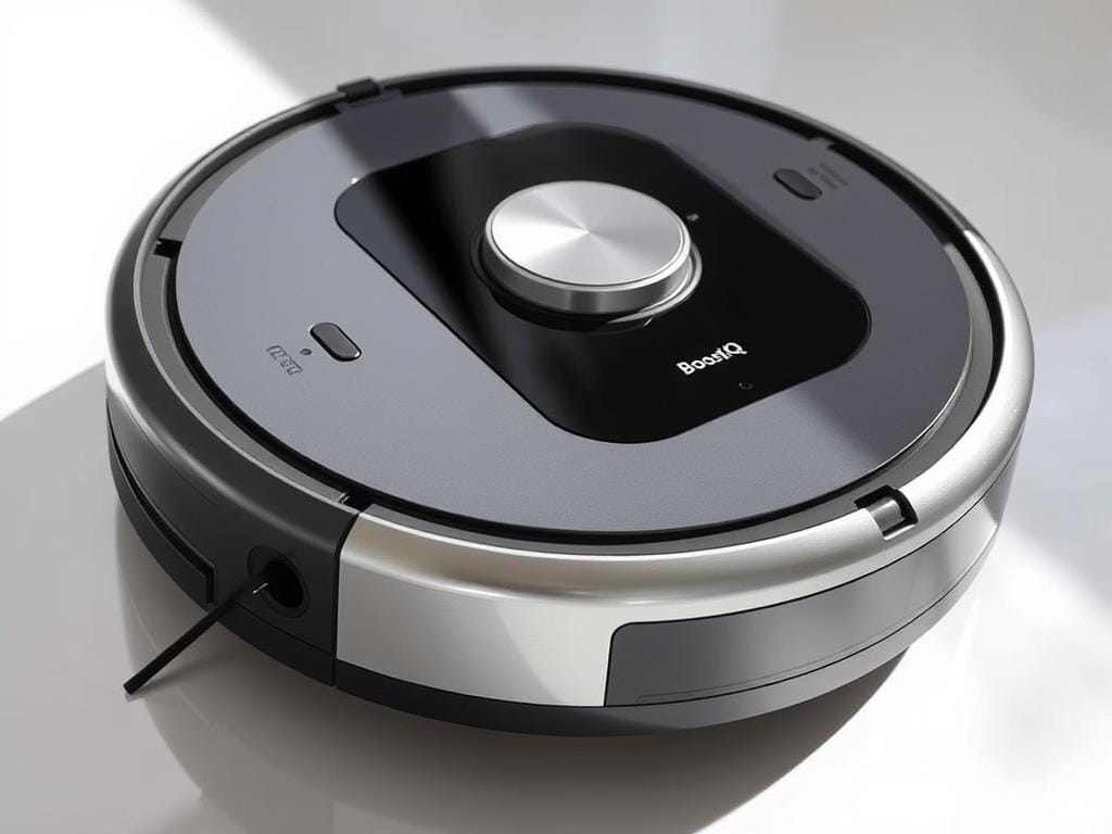 Detailed close-up shot of the Fizzy Offers BoostIQ RoboVac 11S vacuum cleaner, showcasing its sleek and modern design. The robot vacuum is positioned on a clean, reflective surface, allowing the viewer to appreciate its smooth, rounded edges and the high-quality finish of the black and silver components. Bright, directional lighting illuminates the device from the side, creating defined shadows that highlight the contours and textures of the robot's shell. The image conveys a sense of precision engineering and premium build quality, reflecting the attention to detail in the product's design.