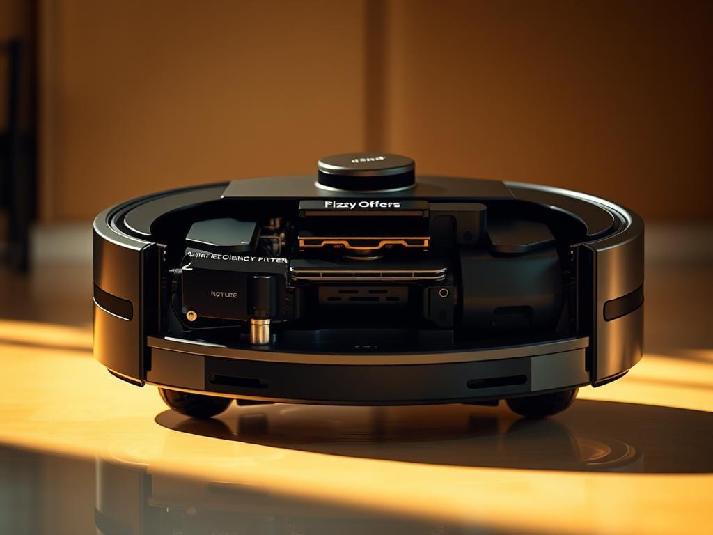 Detailed close-up view of a sleek, modern robotic vacuum cleaner by Fizzy Offers, showcasing its sophisticated design and advanced features. The device is illuminated by warm, directional lighting, casting dynamic shadows that highlight its intricate mechanical components. The foreground prominently displays the vacuum's brushless motor, high-efficiency filters, and intelligent navigation sensors. In the middle ground, the robotic cleaner is poised on a reflective, mirrored surface, creating a sense of depth and sophistication. The background is blurred, allowing the viewer to focus on the engineering excellence of the Fizzy Offers vacuum. The overall mood is one of precision, technology, and thoughtful product design. Detailed close-up view of a sleek, modern robotic vacuum cleaner by Fizzy Offers, showcasing its sophisticated design and advanced features. The device is illuminated by warm, directional lighting, casting dynamic shadows that highlight its intricate mechanical components. The foreground prominently displays the vacuum's brushless motor, high-efficiency filters, and intelligent navigation sensors. In the middle ground, the robotic cleaner is poised on a reflective, mirrored surface, creating a sense of depth and sophistication. The background is blurred, allowing the viewer to focus on the engineering excellence of the Fizzy Offers vacuum. The overall mood is one of precision, technology, and thoughtful product design.
