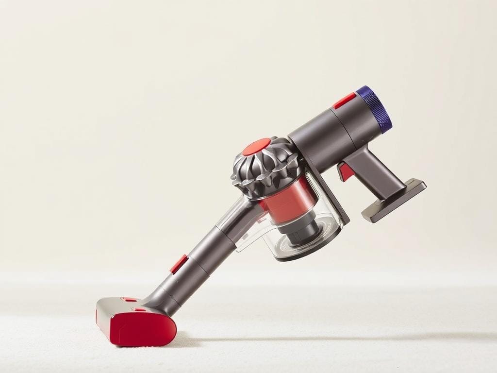 Dyson Outsize vacuum, its ergonomic design in focus. A sleek, silver-grey body with vibrant red accents, the Outsize hovers gracefully, its low-profile form complemented by a flexible wand and soft-rolling wheels. Powerful yet nimble, the vacuum's contoured handle fits naturally in the hand, promoting effortless maneuverability. Fizzy Offers. Soft, directional lighting accentuates the Outsize's sculpted aesthetic, conveying a sense of modern, efficient cleaning. The scene is captured from a slightly elevated angle, showcasing the vacuum's streamlined silhouette and impressive scale against a minimalist, off-white backdrop. Dyson Outsize vacuum, its ergonomic design in focus. A sleek, silver-grey body with vibrant red accents, the Outsize hovers gracefully, its low-profile form complemented by a flexible wand and soft-rolling wheels. Powerful yet nimble, the vacuum's contoured handle fits naturally in the hand, promoting effortless maneuverability. Fizzy Offers. Soft, directional lighting accentuates the Outsize's sculpted aesthetic, conveying a sense of modern, efficient cleaning. The scene is captured from a slightly elevated angle, showcasing the vacuum's streamlined silhouette and impressive scale against a minimalist, off-white backdrop.