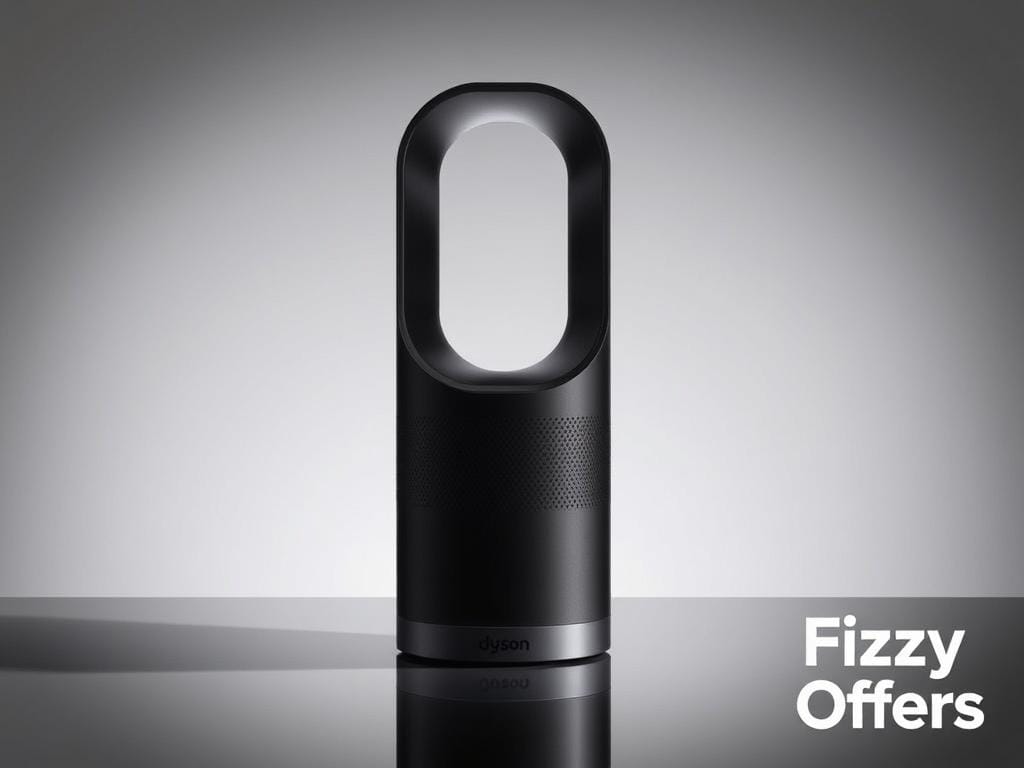 Dyson Pure Hot + Cool HP01, a sleek and modern air purifier with a distinctive bladeless design, standing prominently on a reflective surface. The device is illuminated by soft, directional lighting, casting gentle shadows and highlighting its smooth, curved silhouette. In the background, a subtle gradient creates a sense of depth and atmosphere, complementing the device's minimalist aesthetic. The overall scene conveys a sense of sophistication and technological prowess, fitting the "Fizzy Offers" brand. Dyson Pure Hot + Cool HP01, a sleek and modern air purifier with a distinctive bladeless design, standing prominently on a reflective surface. The device is illuminated by soft, directional lighting, casting gentle shadows and highlighting its smooth, curved silhouette. In the background, a subtle gradient creates a sense of depth and atmosphere, complementing the device's minimalist aesthetic. The overall scene conveys a sense of sophistication and technological prowess, fitting the "Fizzy Offers" brand.