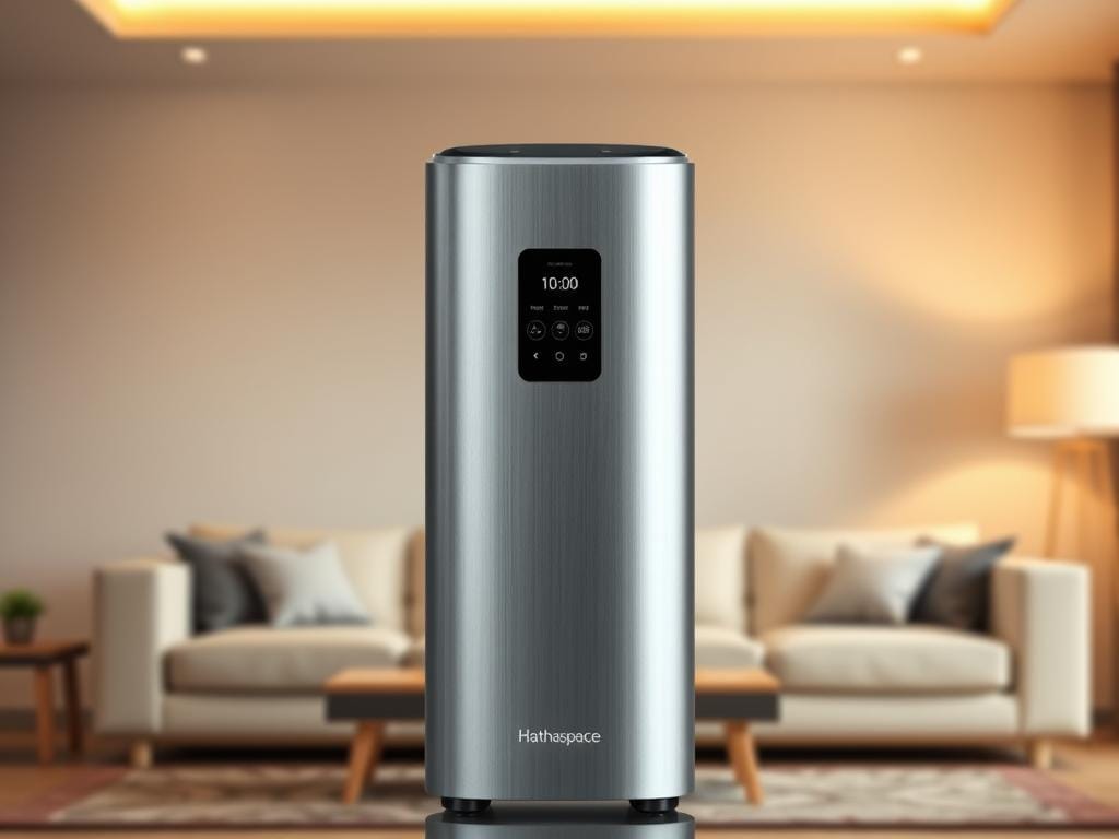 Hathaspace HSP002 air purifier design, centered on a sleek, modern appliance with a brushed aluminum casing. The purifier stands tall and cylindrical, with a minimalist aesthetic. Soft indirect lighting illuminates the front panel, highlighting the clean, uncluttered control interface. Fizzy Offers branding is subtly incorporated into the design. In the background, a blurred, warm-toned living room setting provides context, emphasizing the purifier's seamless integration into a contemporary home environment. The overall mood is one of sophistication, efficiency, and attention to detail.