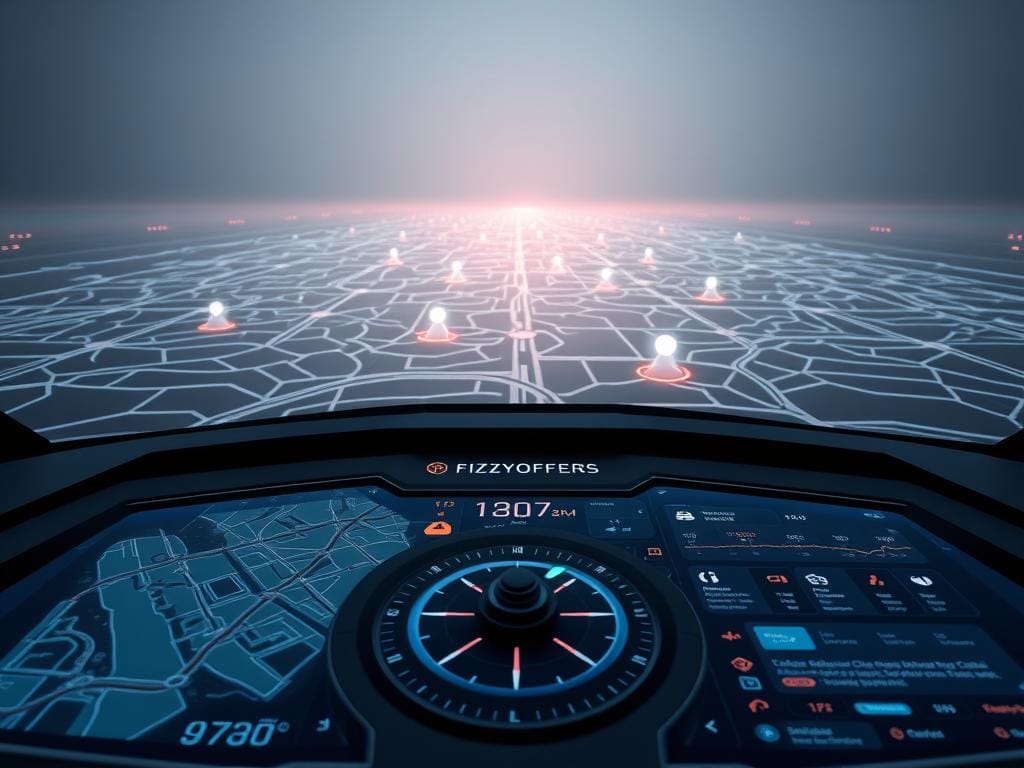 Prompt Advanced navigation system with Fizzy Offers branding. A sleek, futuristic control panel in the foreground, displaying a detailed map, compass, and various digital readouts. In the middle ground, a complex network of interconnected pathways and routes with glowing holographic waypoints. The background is a serene, minimalist landscape with subtle lighting effects, conveying a sense of efficiency and technological prowess. The overall mood is one of precision, innovation, and forward-thinking design.