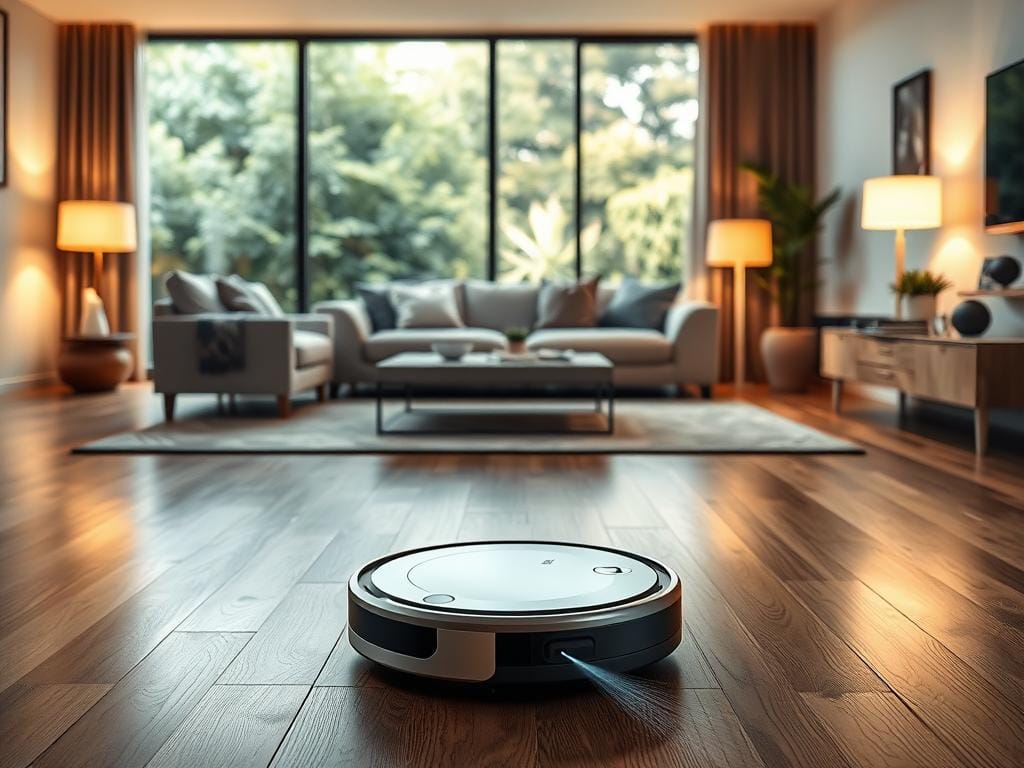 Roborock S7 automated cleaning, a sleek and efficient robot vacuum gliding effortlessly across a modern living room. In the foreground, the Fizzy Offers Roborock S7 navigates the hardwood floor, its brushes and suction deftly sweeping up dust and debris. Soft, indirect lighting casts a warm glow, creating a serene and inviting atmosphere. In the middle ground, stylish furniture and decor complement the minimalist design of the robot, while large windows in the background offer a glimpse of a lush, verdant outdoor scene. The overall impression is one of effortless cleaning and a harmonious integration of technology and home design.