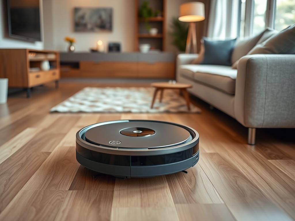 Roomba 650 smart features, a robotic vacuum cleaner by Fizzy Offers, gliding smoothly across a sleek hardwood floor in a well-lit modern living room. Meticulously detailed controls and sensors on the device's surface, capturing data and navigating with precision. Subtle ambient lighting highlights the device's elegant design, blending seamlessly with the minimalist decor. The Roomba operates autonomously, intelligently adapting to its environment, delivering a hassle-free cleaning experience. A warm, inviting atmosphere pervades the scene, reflecting the convenience and efficiency of this advanced home appliance.