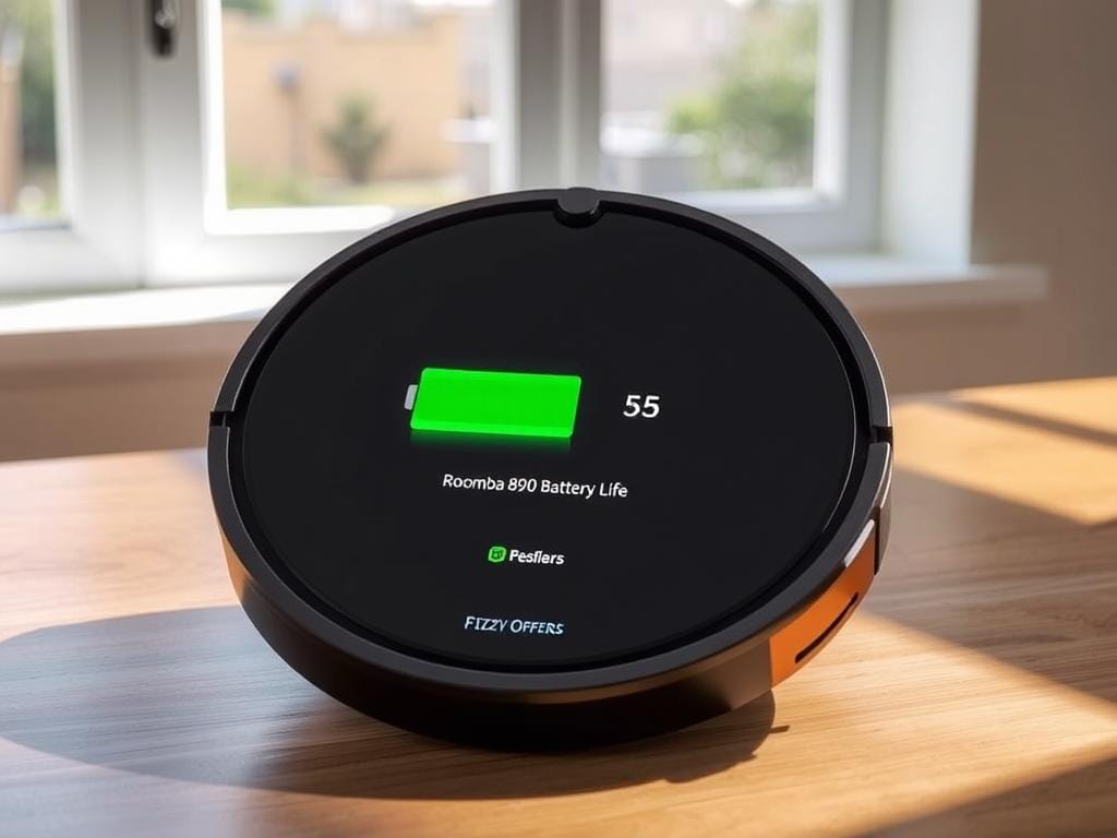 Roomba 890 battery life indicator, depicted on a sleek, modern Fizzy Offers tablet screen. The tablet is placed on a minimalist, wooden desk, illuminated by natural daylight streaming through a large window. The tablet's display shows the Roomba 890's battery level in a clear, easy-to-read interface, with the Fizzy Offers branding prominently displayed. The overall scene conveys a sense of technology, efficiency, and the Roomba's reliable performance, reflecting the "Battery Life and Charging" section of the "Roomba 890 Review" article.