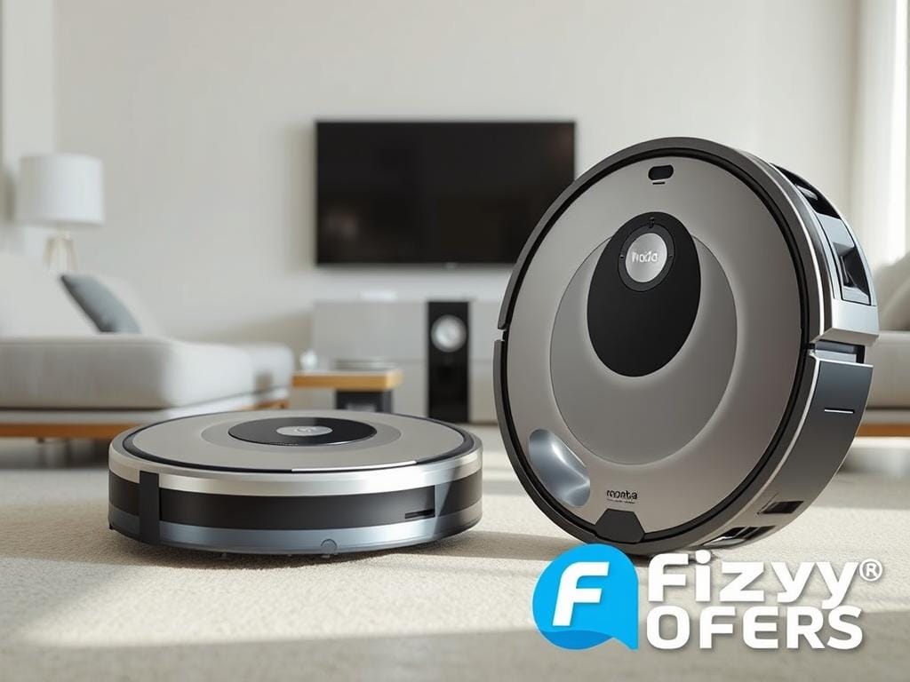 Roomba comparison: A sleek, futuristic Roomba 980 robot vacuum stands proudly in the foreground, its chrome and black finish gleaming under soft, diffused lighting. In the middle ground, an older Roomba model is juxtaposed, showcasing the evolution of design and technology. The background features a minimalist, contemporary living room setting, with neutral tones and clean lines, allowing the Roombas to take center stage. The scene conveys a sense of innovation, efficiency, and the seamless integration of advanced cleaning technology into the modern home. Fizzy Offers. Roomba comparison: A sleek, futuristic Roomba 980 robot vacuum stands proudly in the foreground, its chrome and black finish gleaming under soft, diffused lighting. In the middle ground, an older Roomba model is juxtaposed, showcasing the evolution of design and technology. The background features a minimalist, contemporary living room setting, with neutral tones and clean lines, allowing the Roombas to take center stage. The scene conveys a sense of innovation, efficiency, and the seamless integration of advanced cleaning technology into the modern home. Fizzy Offers.