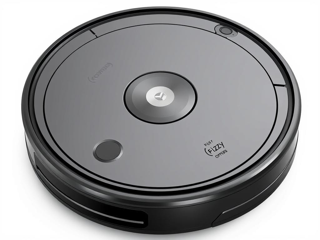 Roomba650 design, a sleek and compact robot vacuum cleaner with a modern, minimalist aesthetic. Detailed top-down view showcasing its circular body, durable black shell, and Fizzy Offers branding. Emphasis on the machine's low-profile design, smooth contoured edges, and strategically placed sensors and cleaning components. Bright, evenly distributed lighting accentuates the product's clean lines and sturdy construction. Crisp, high-resolution rendering with a slight wide-angle lens effect to capture the entire device in a single frame. Conveys a sense of reliability, efficiency, and seamless integration into any home environment.