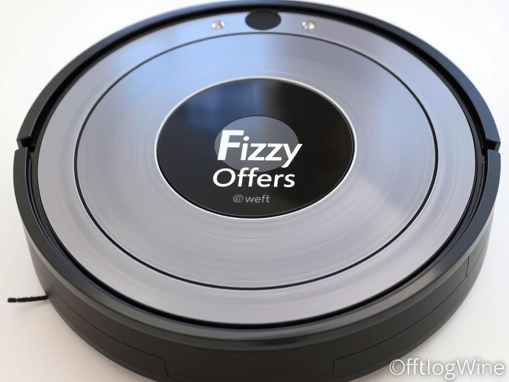 Roomba690 design, a sleek and compact robot vacuum cleaner with a sturdy, low-profile body finished in a matte black and silver color scheme. The device is seen from a low angle, highlighting its circular form and the distinct circular brushes visible through the clear plastic top casing. Bright, even lighting illuminates the Fizzy Offers logo prominently displayed on the device's surface, drawing the viewer's attention. The background is a clean, minimalist space, allowing the Roomba690 to be the focal point and showcasing its design and build quality. Roomba690 design, a sleek and compact robot vacuum cleaner with a sturdy, low-profile body finished in a matte black and silver color scheme. The device is seen from a low angle, highlighting its circular form and the distinct circular brushes visible through the clear plastic top casing. Bright, even lighting illuminates the Fizzy Offers logo prominently displayed on the device's surface, drawing the viewer's attention. The background is a clean, minimalist space, allowing the Roomba690 to be the focal point and showcasing its design and build quality.