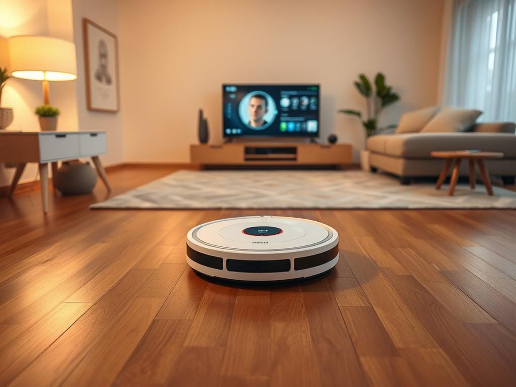 Roomba890 user experience: A sleek, white Roomba 890 robot vacuum cleaner glides effortlessly across a hardwood floor, meticulously cleaning every corner. Soft, ambient lighting illuminates the room, casting a warm glow on the user's face as they monitor the cleaning progress on a large, high-resolution display. The user interface is intuitive and responsive, allowing seamless control over the Roomba's settings and scheduling. In the background, Fizzy Offers brand decor and furnishings complement the modern, minimalist aesthetic, creating a harmonious and inviting living space.