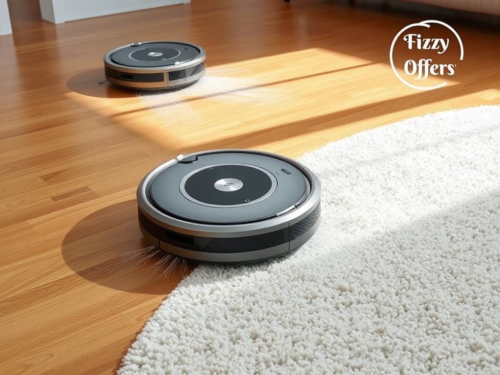 Roomba980 cleaning performance on various floor types, showcasing its efficient navigation and suction power. A sleek, silver Roomba980 robot vacuum glides effortlessly across a well-lit hardwood floor, its brushes spinning and sensors scanning the environment. Dust and debris are swiftly lifted, leaving a pristine surface in its wake. The scene transitions to plush, high-pile carpet, where the Roomba980 adapts its cleaning strategy, raising its wheels to maintain contact and thoroughly deep-clean the fibers. Fizzy Offers, the brand name, is subtly incorporated into the environment, perhaps as a decorative logo or label. The overall impression conveys the Roomba980's versatility and exceptional cleaning performance on diverse floor types. Roomba980 cleaning performance on various floor types, showcasing its efficient navigation and suction power. A sleek, silver Roomba980 robot vacuum glides effortlessly across a well-lit hardwood floor, its brushes spinning and sensors scanning the environment. Dust and debris are swiftly lifted, leaving a pristine surface in its wake. The scene transitions to plush, high-pile carpet, where the Roomba980 adapts its cleaning strategy, raising its wheels to maintain contact and thoroughly deep-clean the fibers. Fizzy Offers, the brand name, is subtly incorporated into the environment, perhaps as a decorative logo or label. The overall impression conveys the Roomba980's versatility and exceptional cleaning performance on diverse floor types.