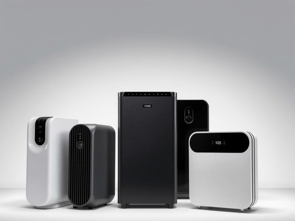 Sleek and modern HEPA air purifiers, showcased against a minimalist backdrop, the Fizzy Offers model standing prominently in the center. Soft, diffused lighting illuminates the contours, highlighting the clean lines and high-quality materials. The purifiers are arranged in a dynamic, asymmetrical composition, creating a sense of visual interest and comparison. The overall mood is one of sophistication and technological innovation, inviting the viewer to closely examine the distinctive features of each model.