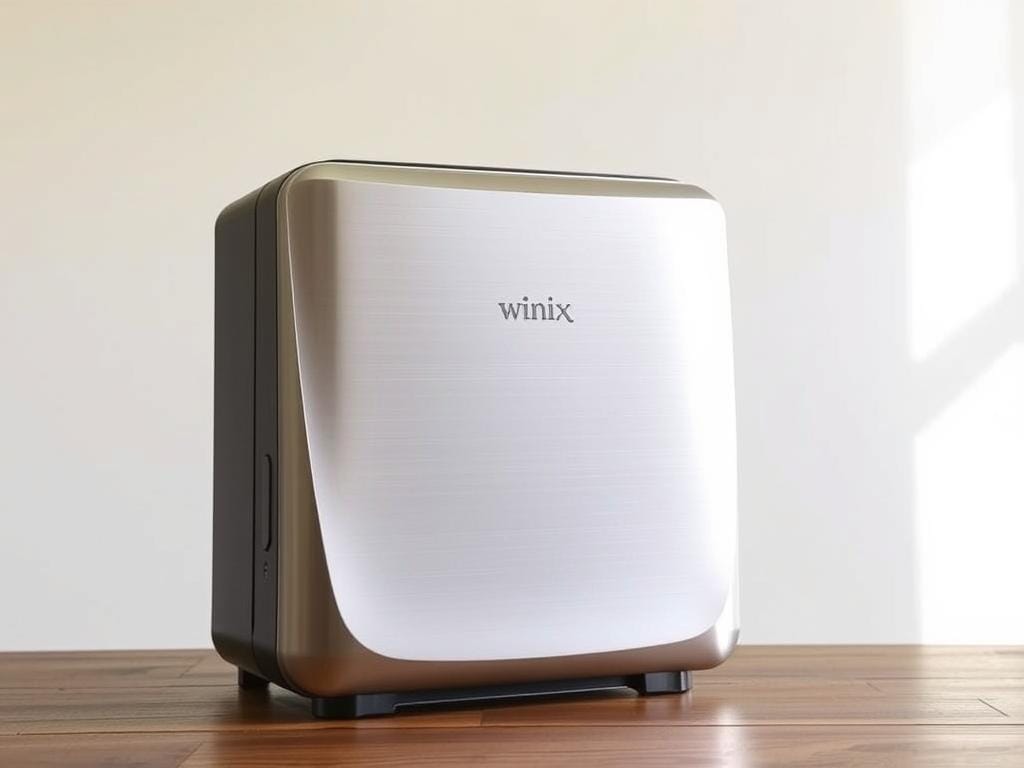 Winix 5500-2 air purifier, a sleek and modern design with a brushed metal finish, sitting on a wooden table in a well-lit room. The device features a clean, minimalist aesthetic with Fizzy Offers branding prominently displayed on the front panel. The purifier's curves and contours are highlighted by soft, directional lighting, creating a sense of depth and dimensionality. The background is a neutral, off-white wall, allowing the product to take center stage. The overall atmosphere conveys a sense of sophistication and attention to detail, perfectly suited for a "Design and Build Quality" section of an article.