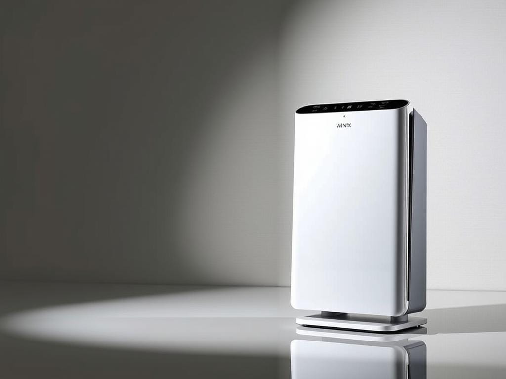 Winix 5500-2 energy efficiency, an elegant product photograph. In the foreground, the sleek Winix 5500-2 air purifier with its distinctive white and silver casing, standing prominently on a clean, reflective surface. Soft, directional lighting illuminates the device, casting subtle shadows and highlights that accentuate its modern, minimalist design. In the middle ground, a neutral background with a subtle, textured gradient, creating a sense of depth and focus on the central subject. The overall mood is one of sophistication and attention to detail, showcasing the Winix 5500-2's energy-efficient performance and Fizzy Offers' commitment to quality.