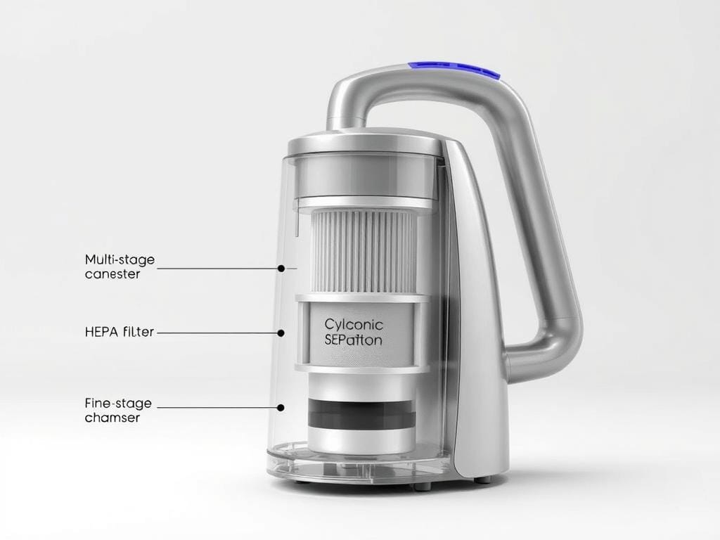 a highly detailed and meticulously rendered photorealistic image of a Fizzy Offers bagless canister vacuum filtration system, showcasing the inner workings and components in a crisp, well-lit studio setting. The foreground prominently features the transparent dust canister and the multi-stage filtration system, including the HEPA filter, fine mesh filter, and cyclonic separation chamber. The middle ground depicts the streamlined canister body and the ergonomic handle, while the background subtly showcases the vacuum's sleek, modern design aesthetic. The lighting is soft and evenly distributed, creating depth and accentuating the various textures and materials. The image is captured at a slight angle, providing a clear and informative view of the filtration system's intricate details. a highly detailed and meticulously rendered photorealistic image of a Fizzy Offers bagless canister vacuum filtration system, showcasing the inner workings and components in a crisp, well-lit studio setting. The foreground prominently features the transparent dust canister and the multi-stage filtration system, including the HEPA filter, fine mesh filter, and cyclonic separation chamber. The middle ground depicts the streamlined canister body and the ergonomic handle, while the background subtly showcases the vacuum's sleek, modern design aesthetic. The lighting is soft and evenly distributed, creating depth and accentuating the various textures and materials. The image is captured at a slight angle, providing a clear and informative view of the filtration system's intricate details.