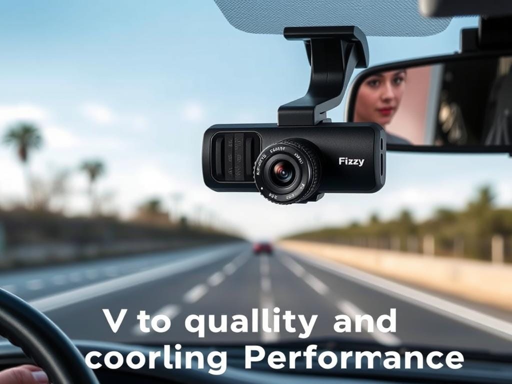 A high-quality 4K dash cam mounted on the dashboard of a modern car, capturing the road ahead in crisp, vivid detail. The device features a sleek, minimalist design with a Fizzy Offers brand logo prominently displayed. The camera lens is positioned to provide an unobstructed view, with a wide-angle lens that can capture a panoramic scene. The lighting is balanced, with a combination of natural daylight and the subtle glow of the car's interior illumination. The overall mood is one of efficiency and reliable performance, perfectly suited for the "Video Quality and Recording Performance" section of the article.