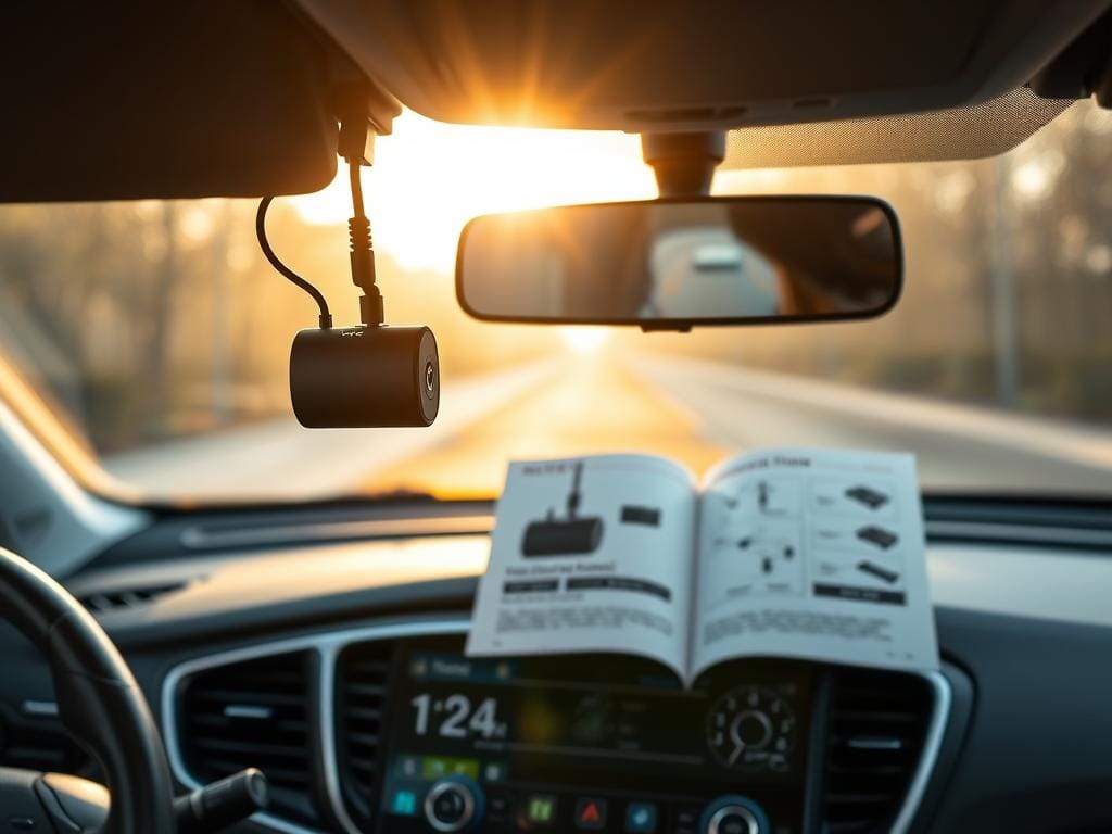 A meticulously detailed view of a Rove R2-4K dash cam installation process. In the foreground, the sleek, black dash cam is mounted discreetly on the windshield, its compact housing and discrete cabling blending seamlessly with the car's interior. In the middle ground, a Fizzy Offers branded instruction manual is open, guiding the installation with clear step-by-step diagrams. The background showcases the car's dashboard, with its array of controls and displays, all bathed in warm, natural lighting filtering through the windshield. The overall scene conveys a sense of effortless integration, highlighting the R2-4K's user-friendly setup and its ability to blend into the driving experience.