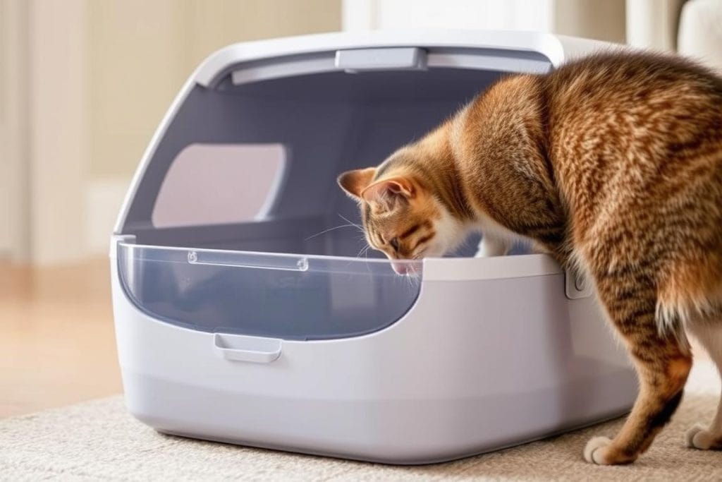 Cat investigating the PetSafe ScoopFree Crystal Pro for the first time