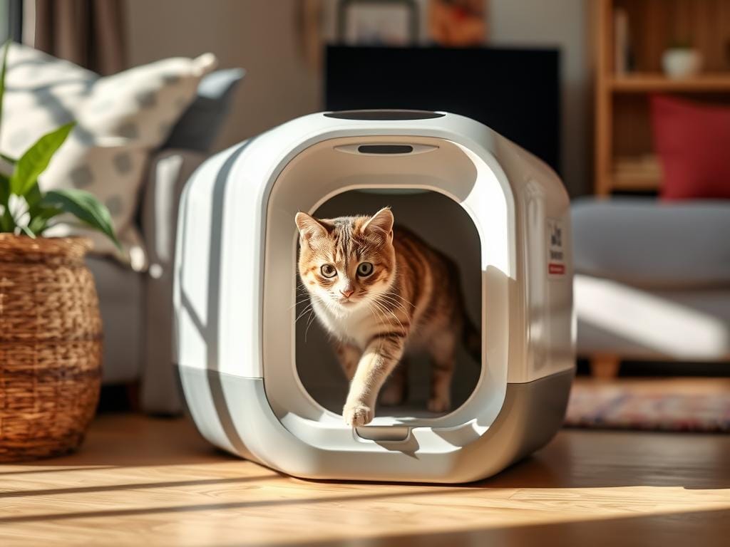 Cat using the PETKIT Puramax 2 Automatic Cat Litter Box in a home setting
