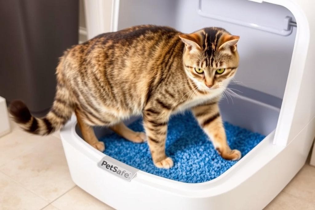Cat using the PetSafe ScoopFree Crystal Pro litter box