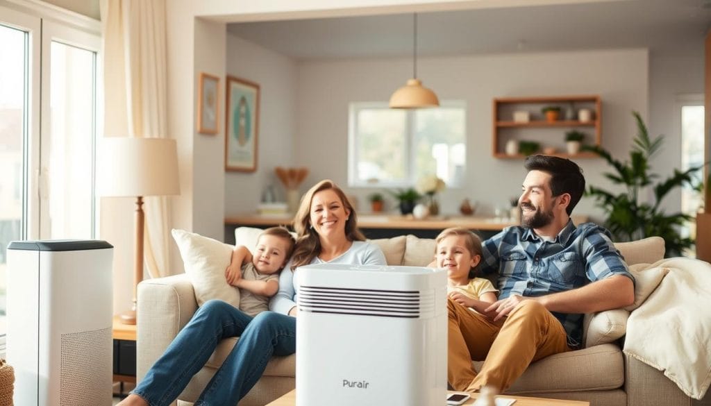 Family relaxing in living room with Puroair 400 air purifier Family relaxing in living room with Puroair 400 air purifier