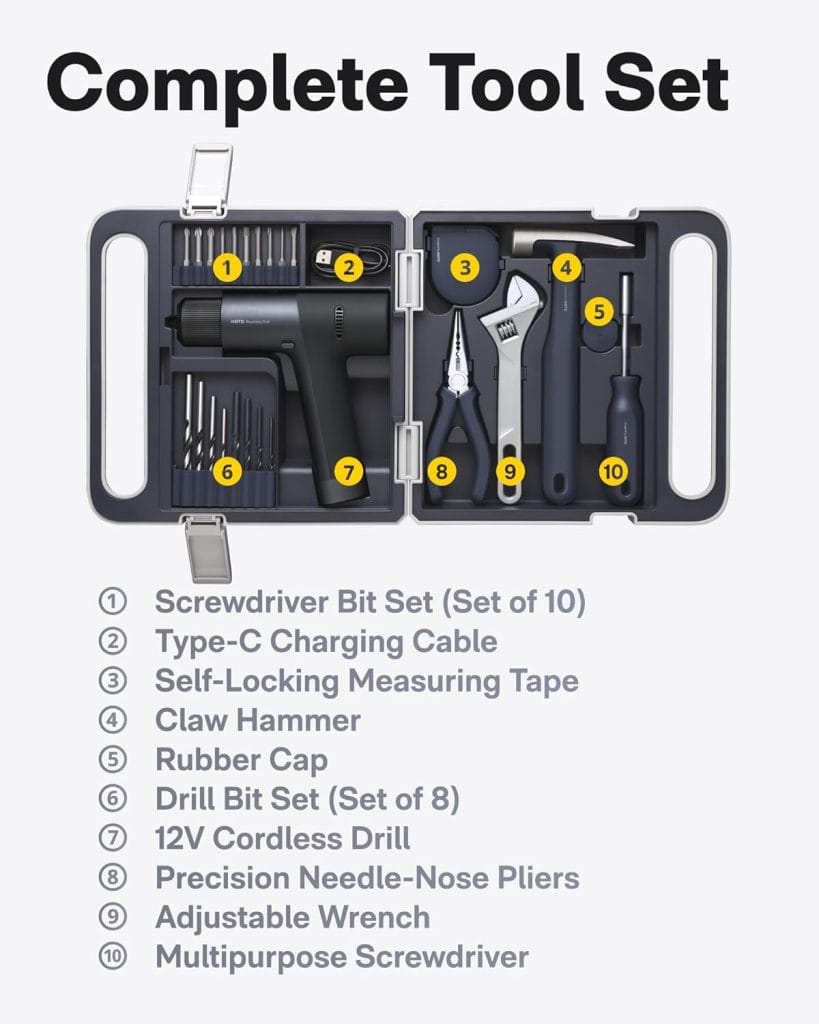 HOTO Cordless Brushless Drill Tool Set components laid out individually