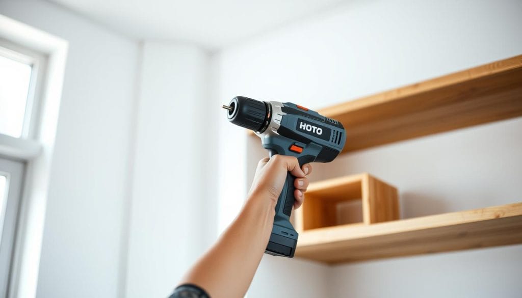 HOTO Cordless Brushless Drill being used for a home DIY project