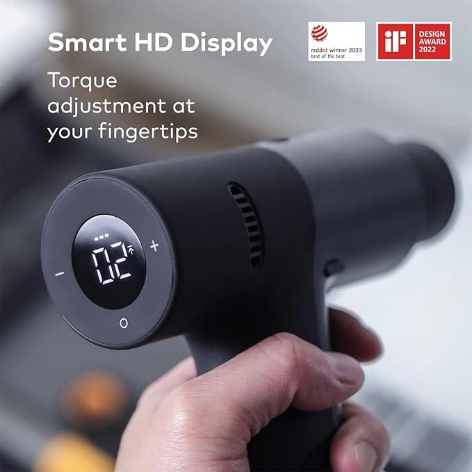HOTO Cordless Brushless Drill with LED display showing torque settings