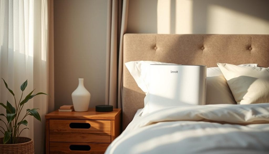 Levoit Core 300-P air purifier in a bedroom setting showing clean air quality Levoit Core 300-P air purifier in a bedroom setting showing clean air quality