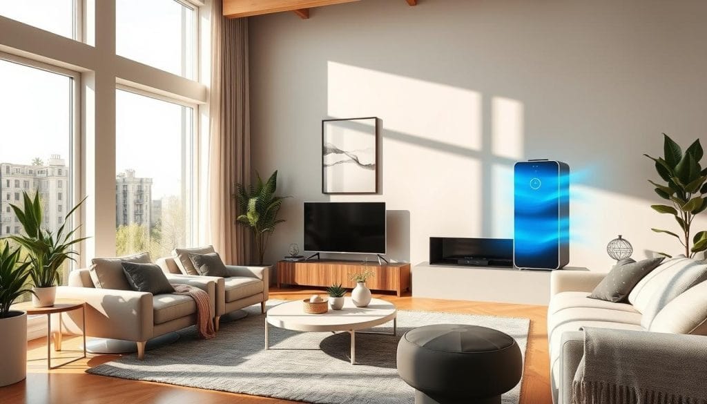 Levoit Vital 200S-P in a modern living room with clean air indicator glowing blue Levoit Vital 200S-P in a modern living room with clean air indicator glowing blue