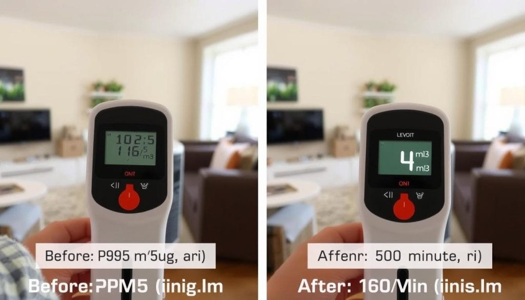 Levoit Vital 200S-P performance test showing before and after air quality readings Levoit Vital 200S-P performance test showing before and after air quality readings