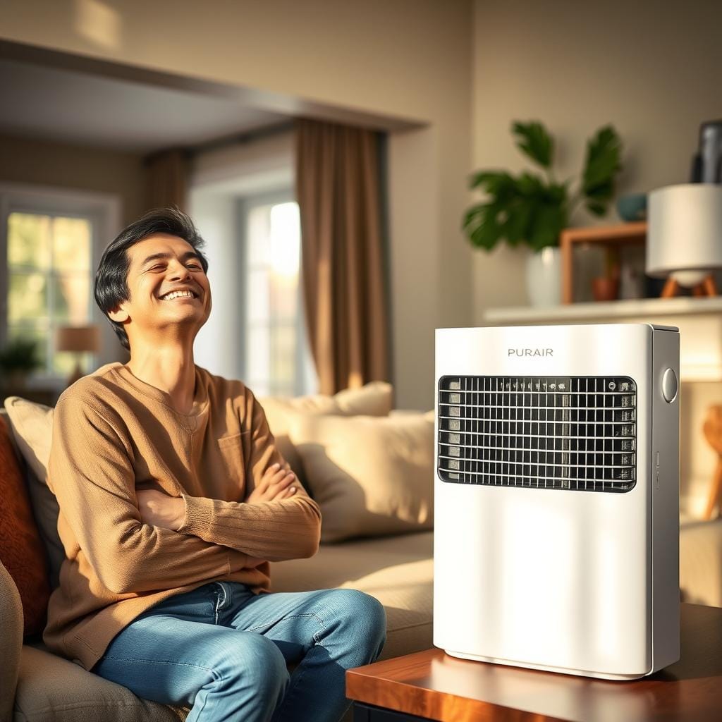 Person with allergies looking relieved near a Puroair 400 Person with allergies looking relieved near a Puroair 400