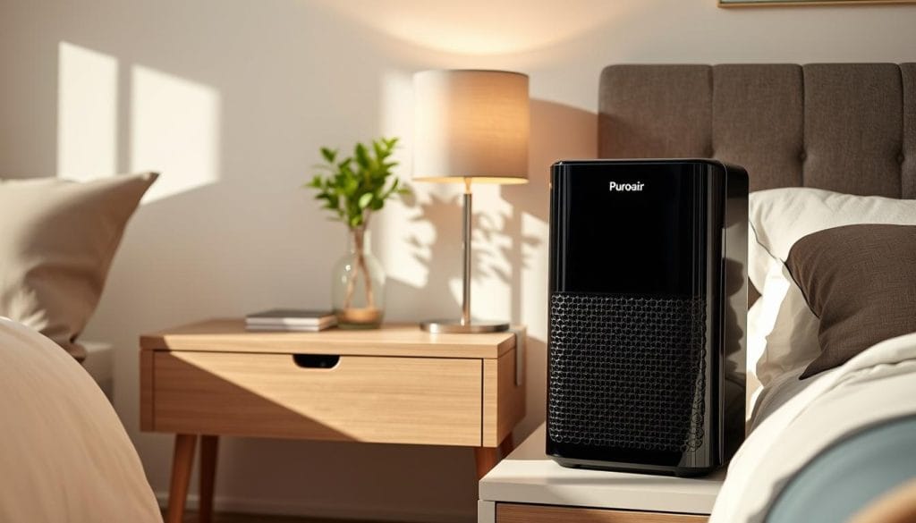 Puroair 400 air purifier in a bedroom setting showing its size relative to furniture Puroair 400 air purifier in a bedroom setting showing its size relative to furniture