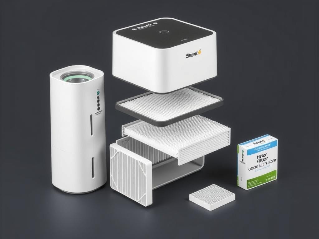 Shark NeverChange Compact Pro Air Purifier with filter components displayed